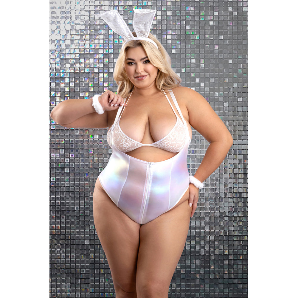 Bunny Hills 5 Piece Bunny Costume Set White 3X/4X featuring iridescent bodysuit and lace bunny ears.