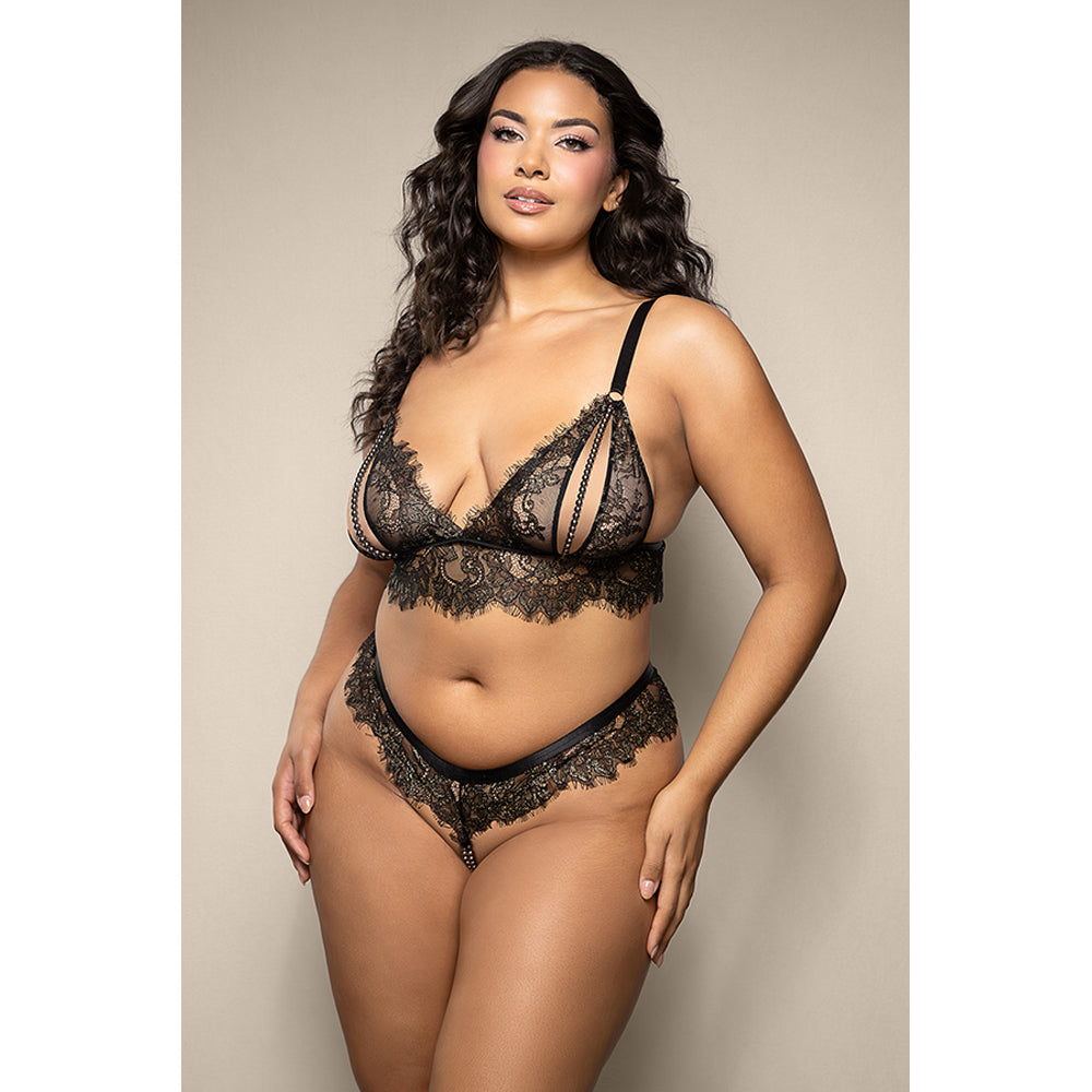 Pearl Bralette and Crotchless Panty Queen Size Black showcasing lavish lace and pearl details, perfect for elegant occasions.
