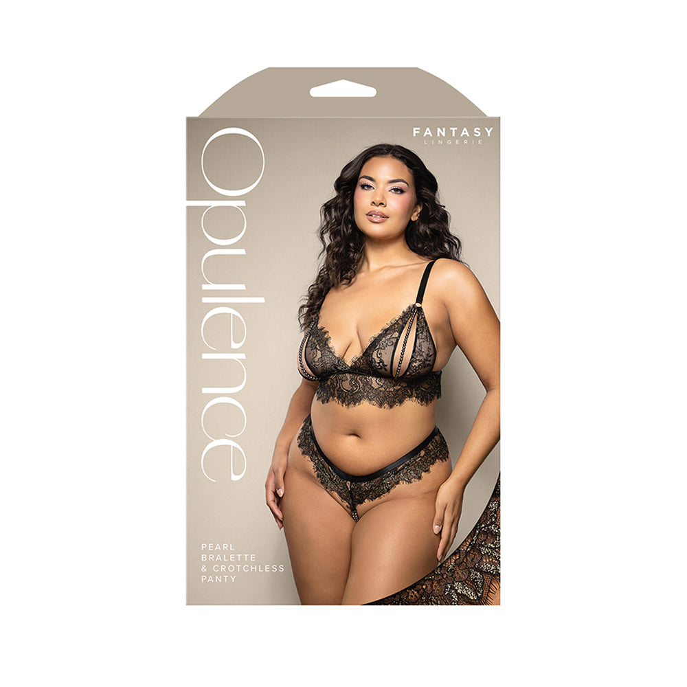 Pearl Bralette and Crotchless Panty Queen Size Black displayed on a model, showcasing a stunning lace and pearl design.