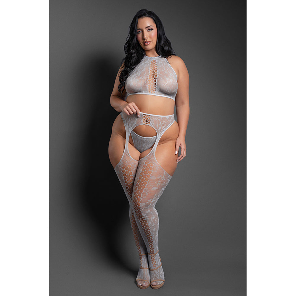 Most Wanted 3 Piece Gartered Stockings Set Queen Size Gray displayed on a curvy model with heels against a dark background.