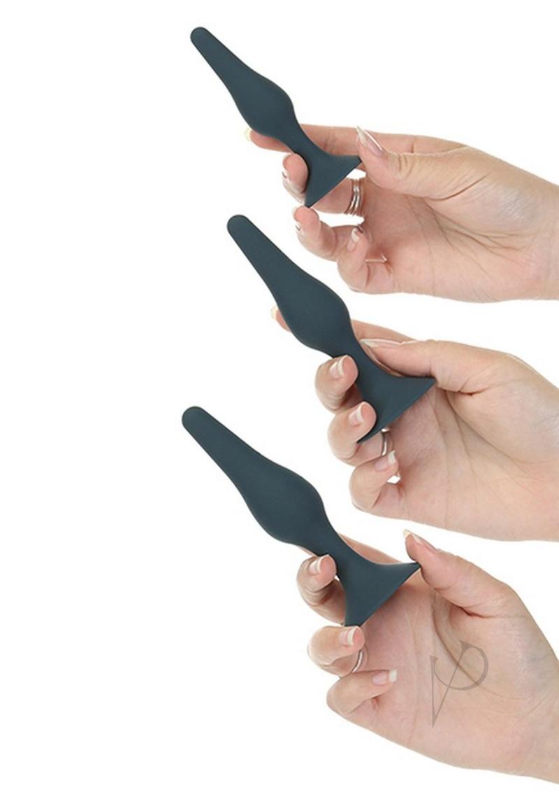 Image showcasing the three silicone plugs from the LUX Active Equip Anal Explorer Kit Blue for beginner anal exploration.