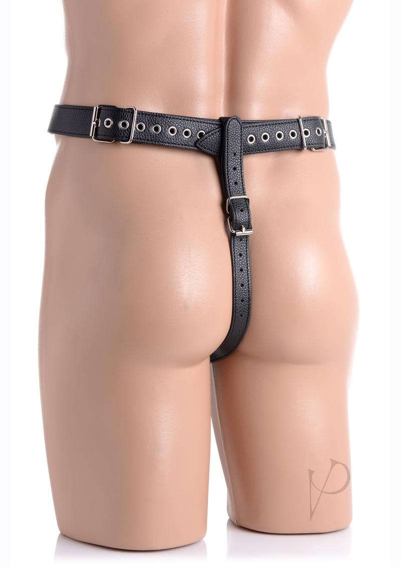 Strict Male Chastity Harness with Silicone Anal Plug displayed on a model's back with adjustable straps.