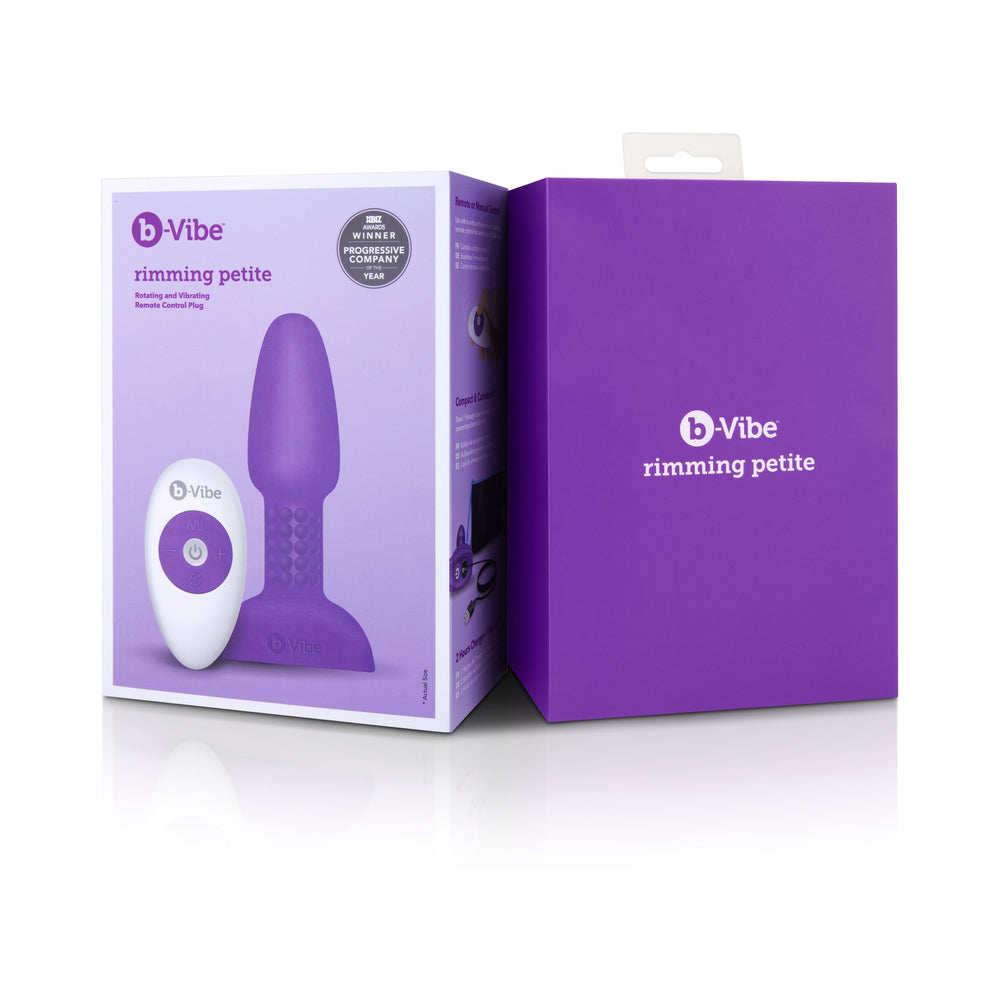 b-Vibe Rimming Petite Rotating Remote Control Plug Purple packaging with remote and plug on display.