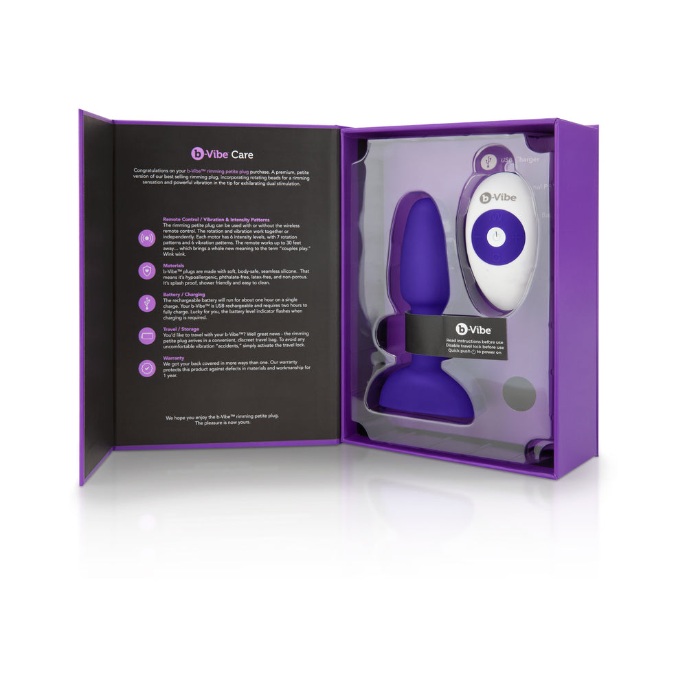 b-Vibe Rimming Petite Rotating Remote Control Plug Purple in stylish packaging with remote control included.