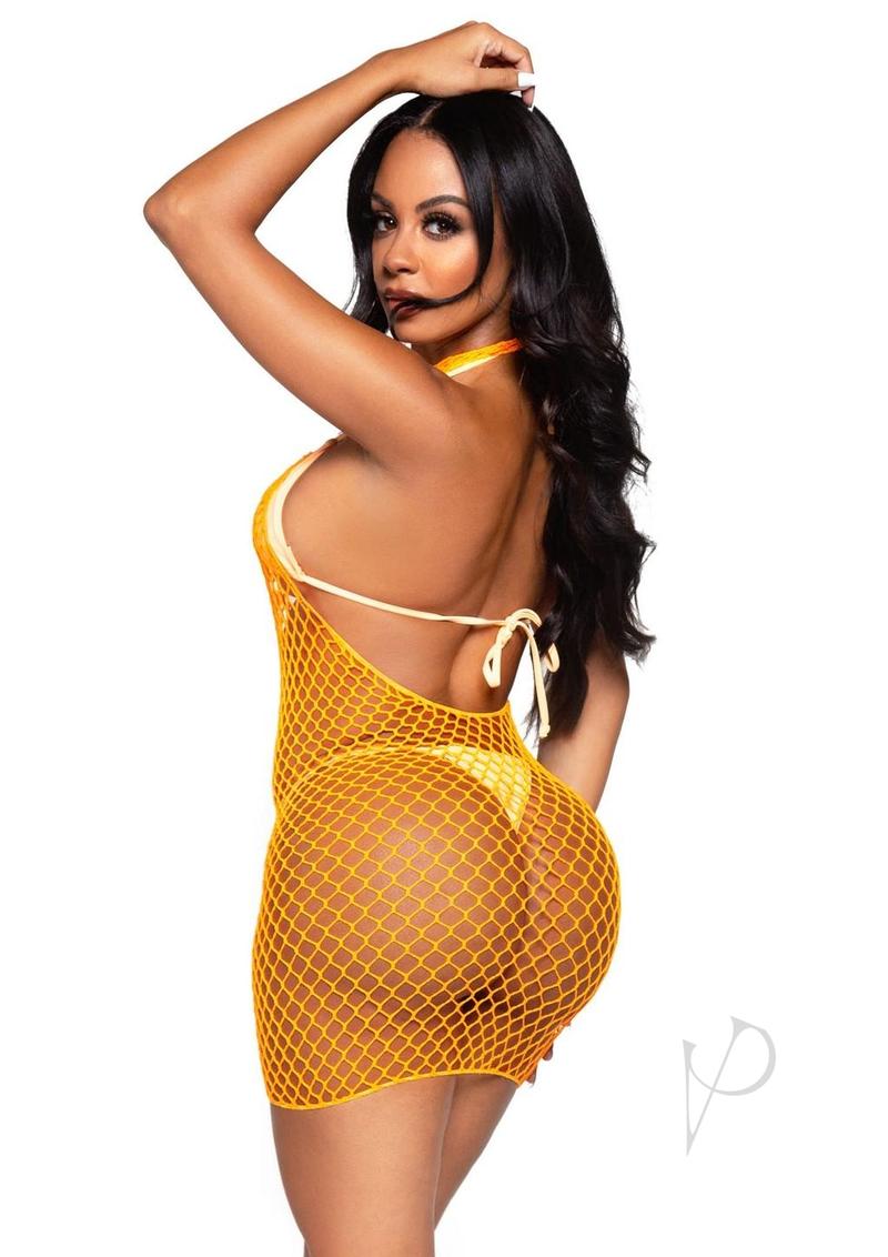 Leg Avenue Woven Net Twist Halter Mini Dress Neon Orange showcased by a model from the back, highlighting the unique net design.