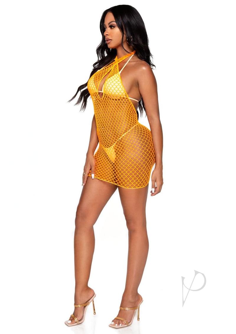Leg Avenue Woven Net Twist Halter Mini Dress Neon Orange showcased on a model in a vibrant setting.