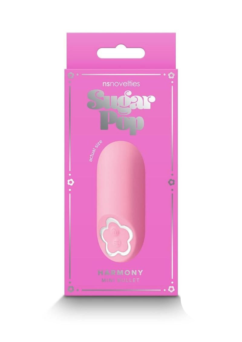 Sugar Pop Harmony Bullet Vibrator Pink packaging design with a sleek pink color and flower logo.
