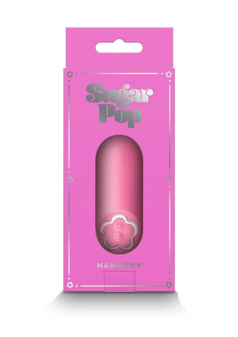 Sugar Pop Harmony Bullet Vibrator Pink in stylish packaging, showcasing the sleek design and branding.