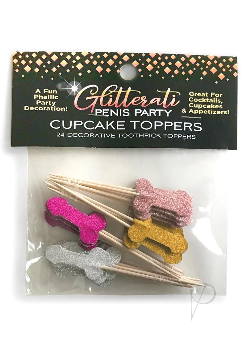 Glitterati Penis Party Picks 24 Pack Assorted Colors, decorative cupcake toppers in vibrant colors.