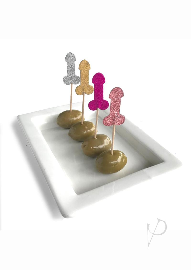 Glitterati Penis Party Picks 24 Pack Assorted Colors displayed in a dish with olives for a fun party setting.