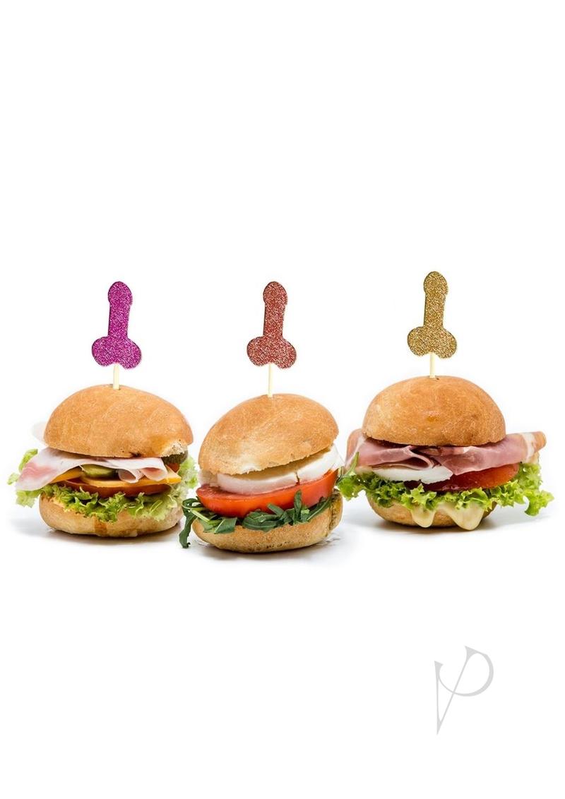 Glitterati Penis Party Picks 24 Pack Assorted Colors decorating playful mini burgers at a festive adult party.