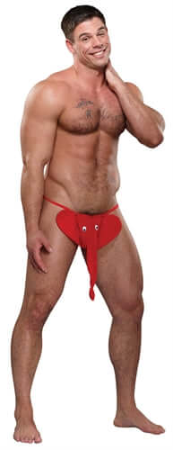 Squeaker Elephant G-String One Size Red worn by a man, showcasing the fun novelty design for parties.