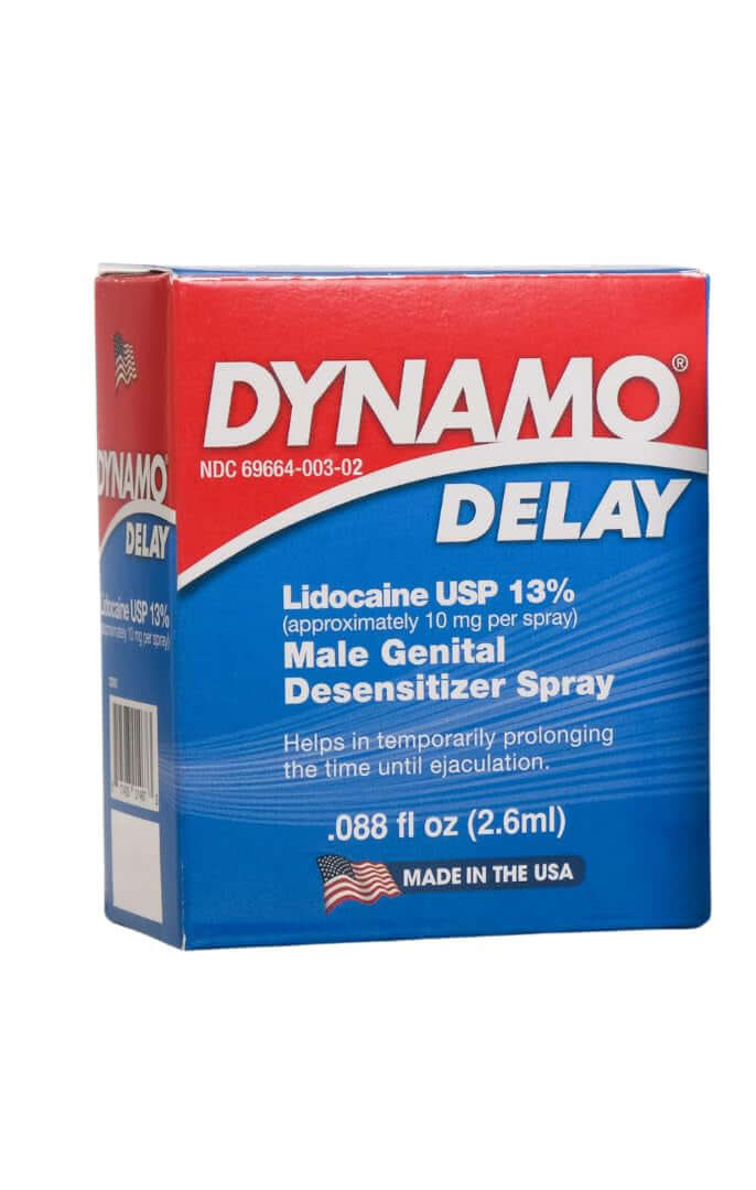 Dynamo Delay to Go Spray 0.88 Oz package featuring male genital desensitizer with lidocaine USP 13%.