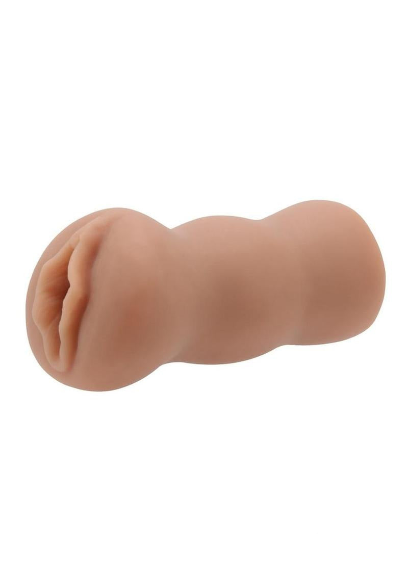 Star Stroker Cassidy Banks 3D Pussy Masturbator Tan handheld realistic stroker on white background.