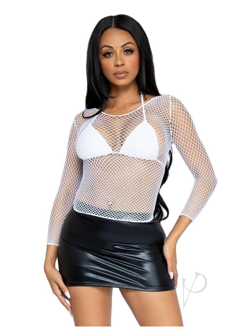 Leg Avenue Long Sleeved Industrial Net Shirt One Size White displayed with a bralette and black skirt, showcasing edgy style.