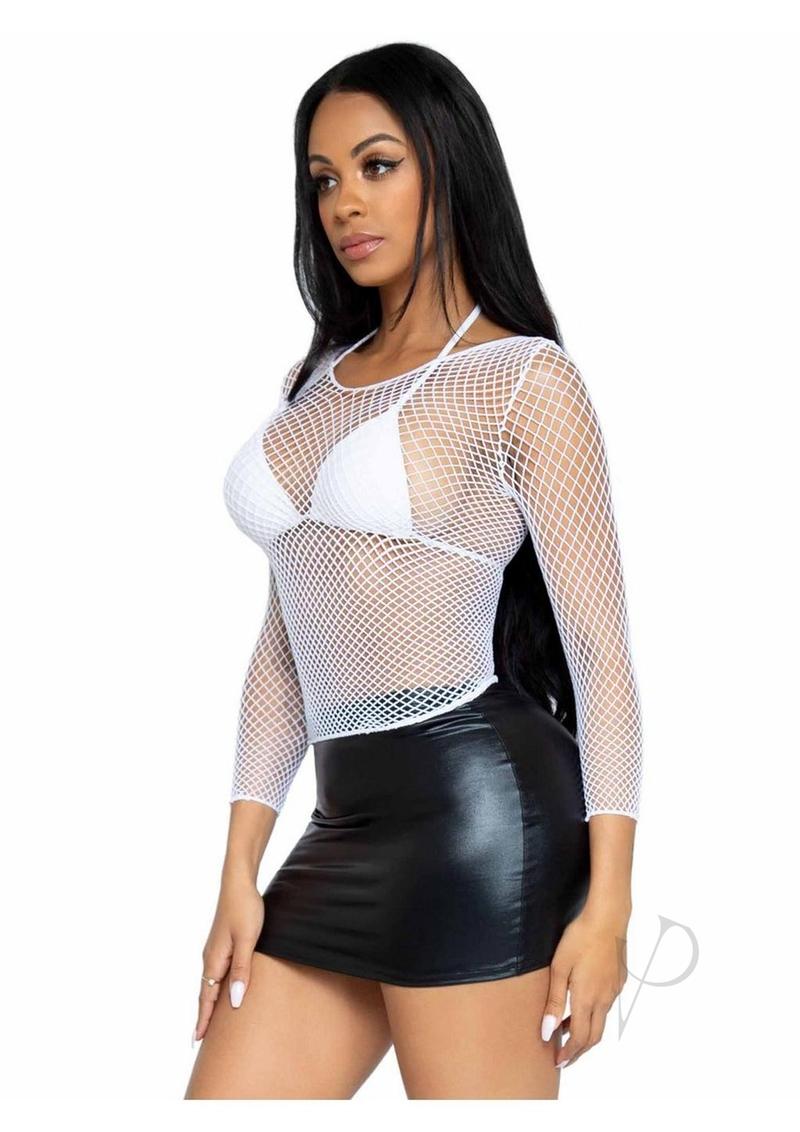 Leg Avenue Long Sleeved Industrial Net Shirt One Size White model wearing in edgy club outfit with black skirt.