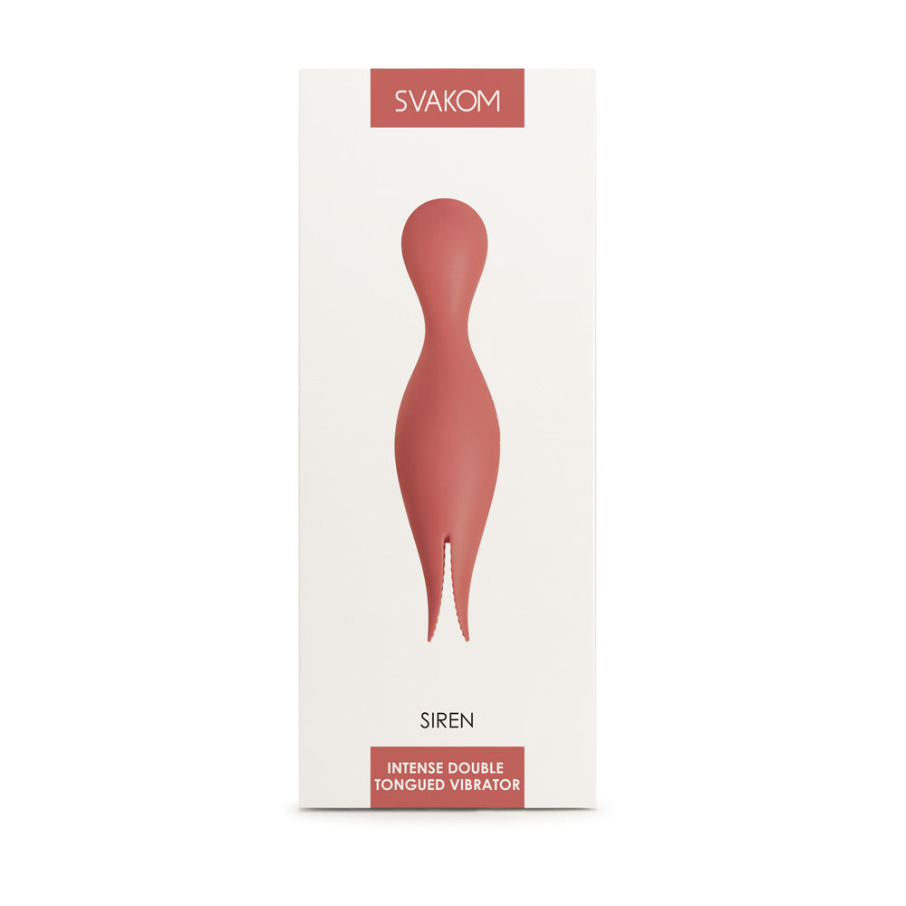 Svakom Siren Dual-Ended Clitoral Vibrator Coral packaging featuring intense double-tongued vibrator design.