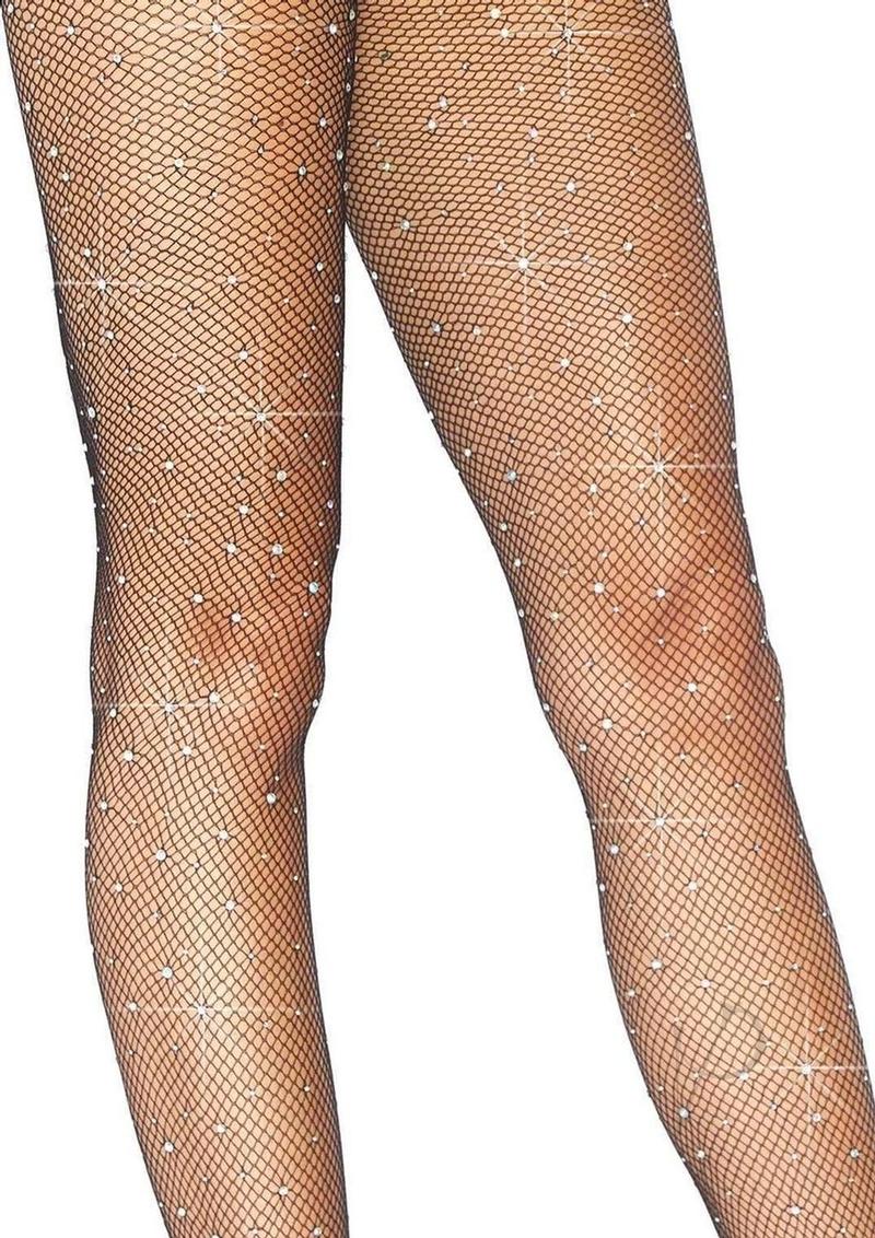 Leg Avenue Iridescent Rhinestone Fishnet Tights Black showcasing a sparkling rhinestone design on a classic fishnet pattern.