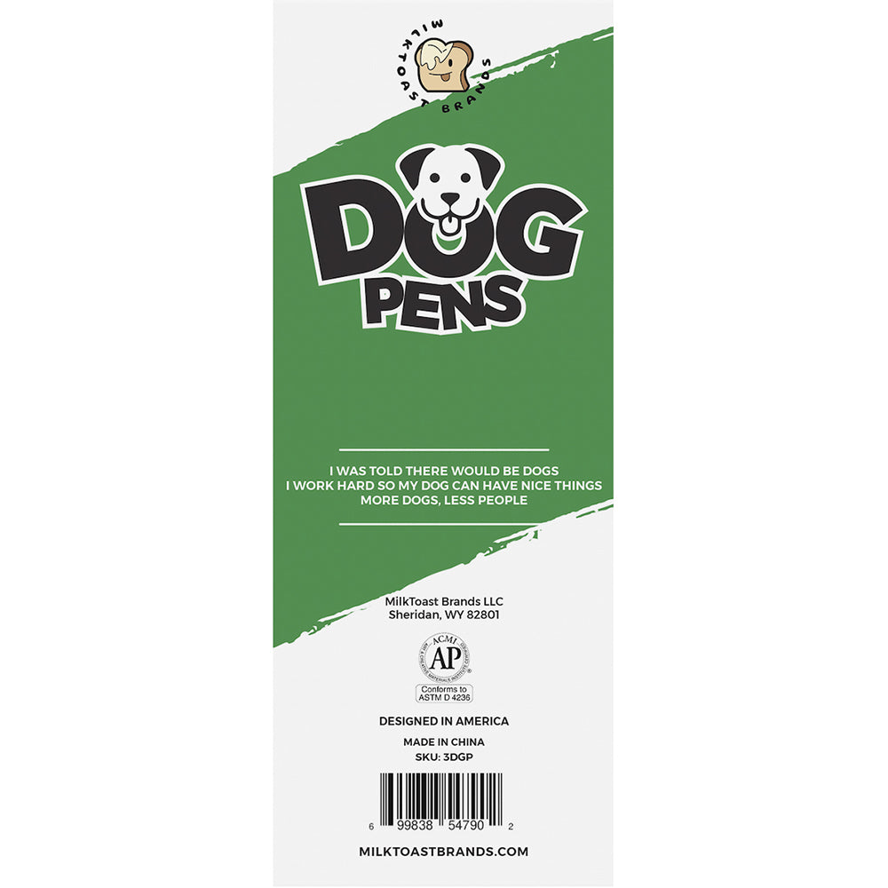Wood Rocket Dog People Pens 3 Pack Novelty Gift Set packaging featuring playful dog-themed jokes and design.
