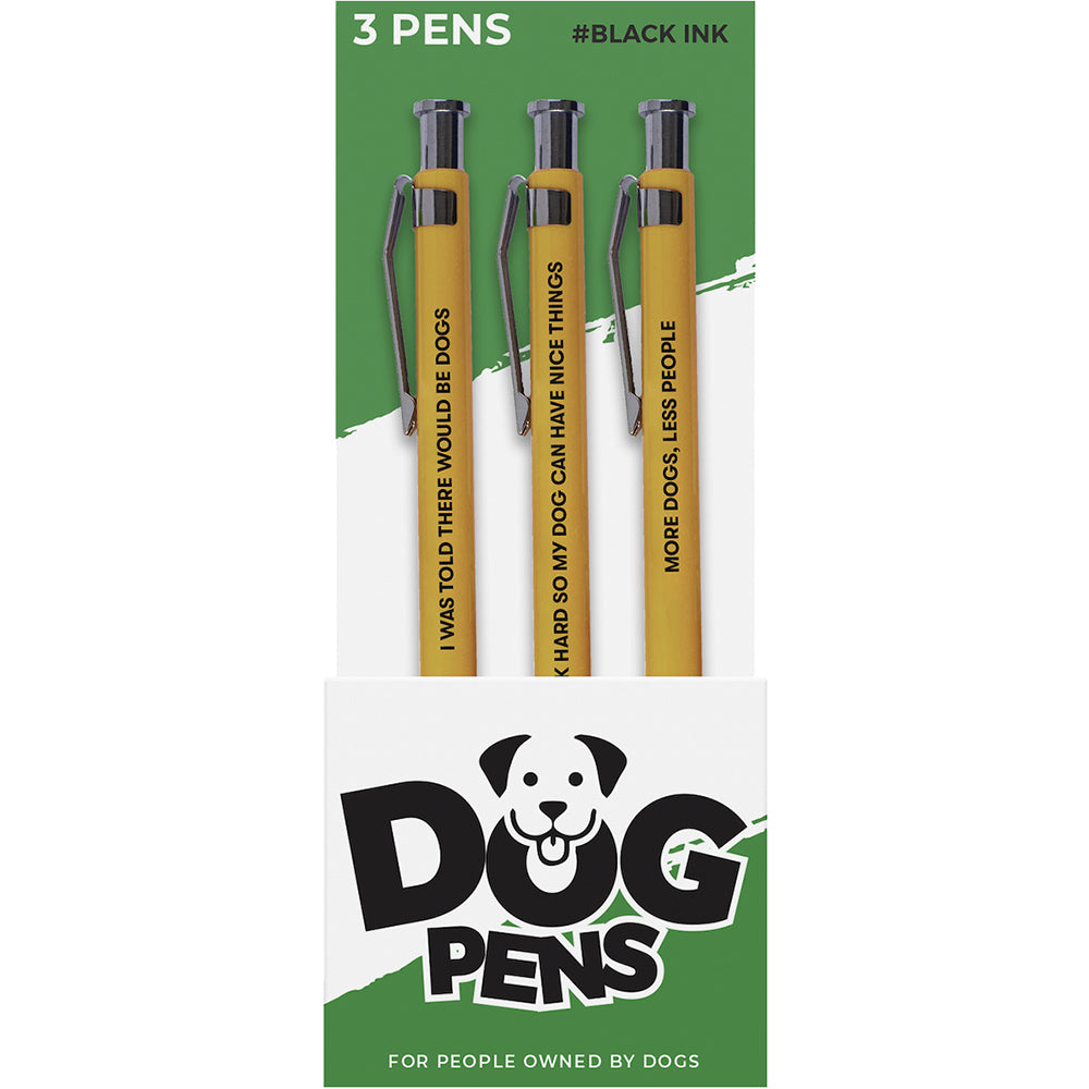 Wood Rocket Dog People Pens 3 Pack Novelty Gift Set featuring humorous dog jokes on yellow retractable pens.