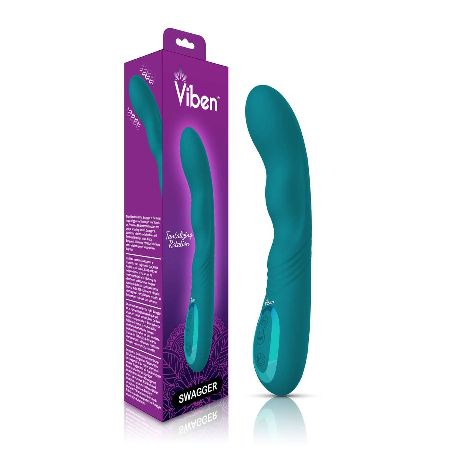 Swagger Ocean Wriggling G-Spot Vibe by Viben with packaging featuring 10 functions and 3 rotation speeds for ultimate pleasure