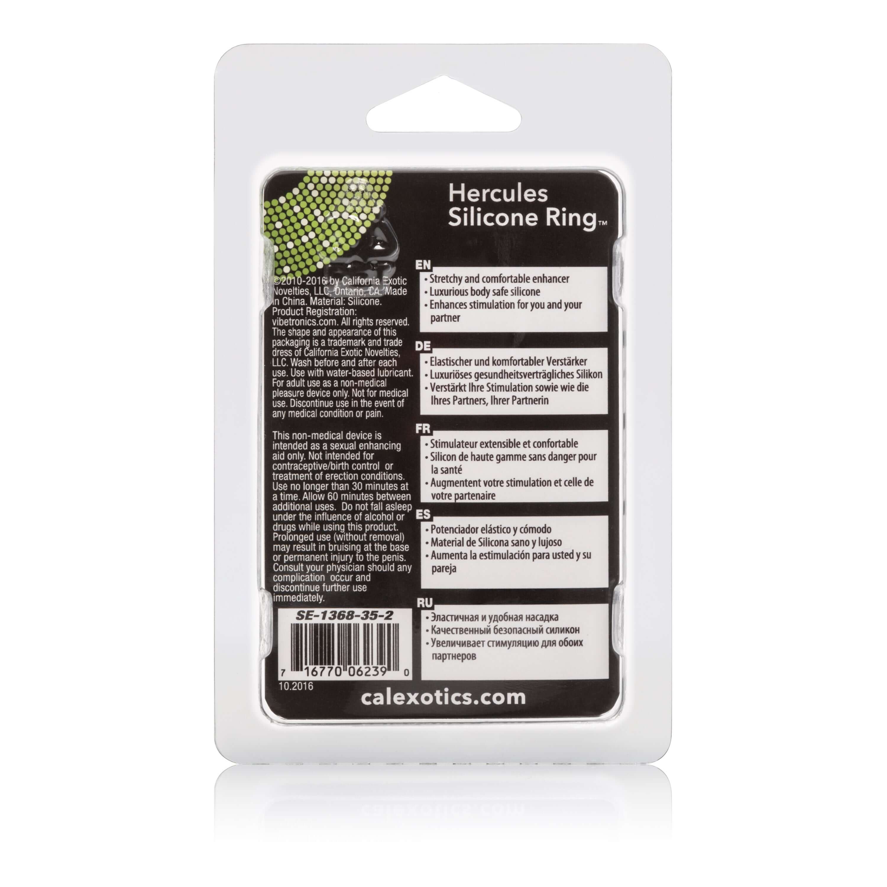 Hercules Silicone Ring Black packaging featuring details on erection enhancement and body-safe materials.