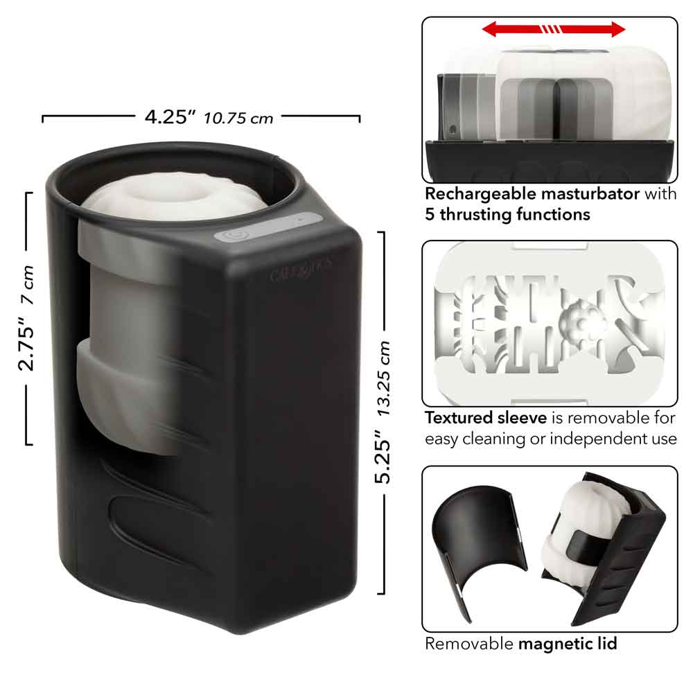 Optimum Power Thruster Stroker Black with detailed specs and features for a rechargeable masturbator.