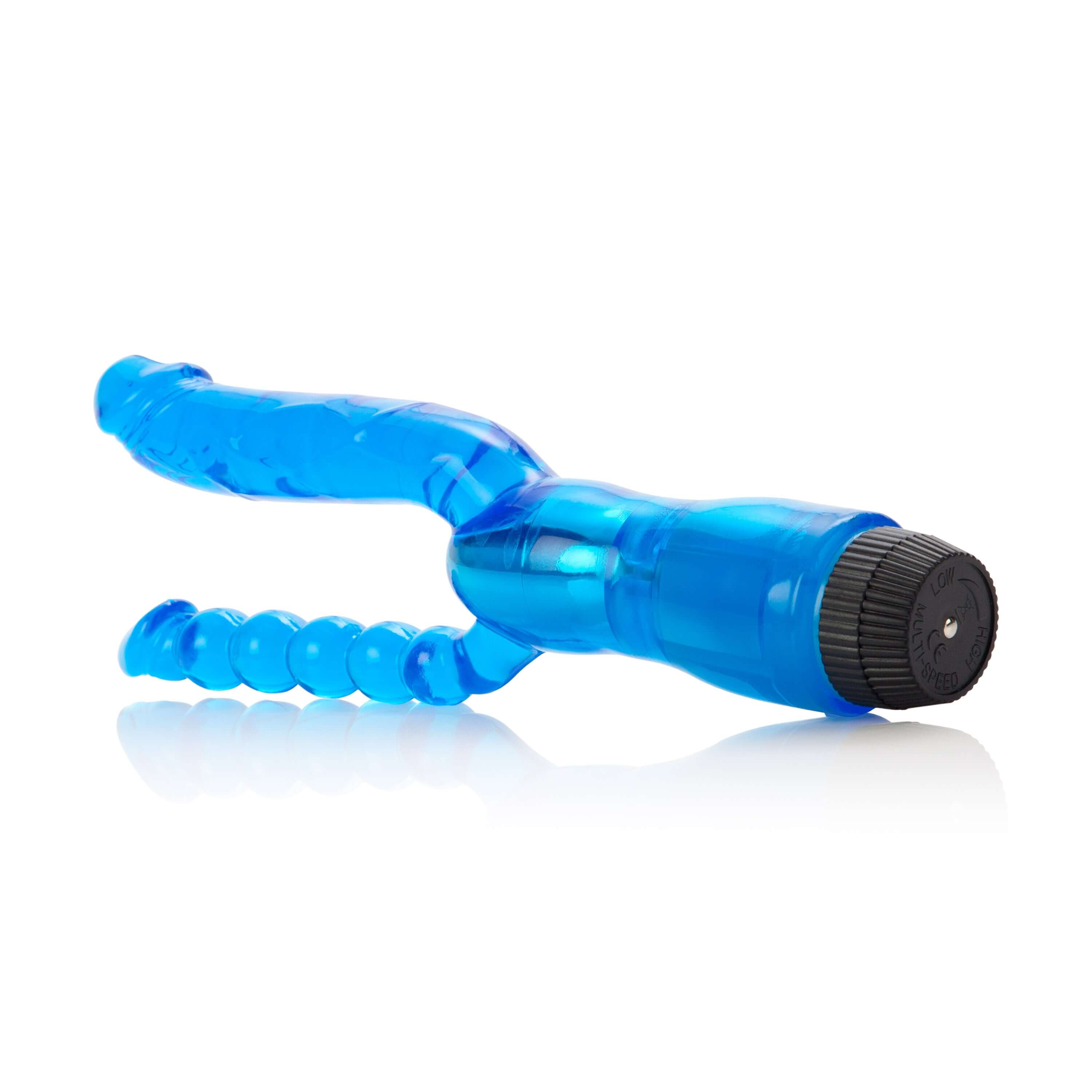 Dual Penetrator Flexible Vibrator Blue featuring a dual action design with flexible anal beads for heightened pleasure.