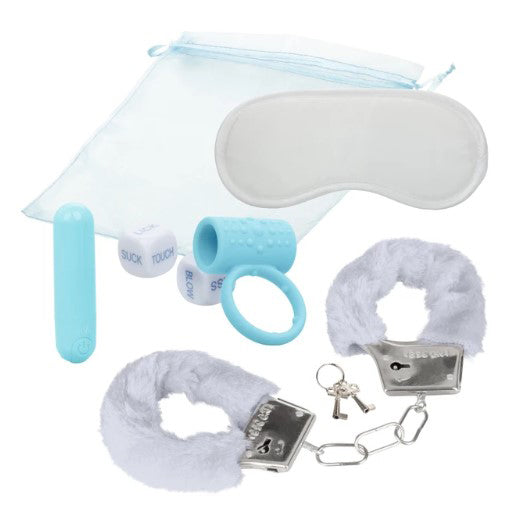 Pleasure Kits Honeymoon Collection featuring a rechargeable bullet, textured ring, eye mask, and cuffs in a storage pouch.