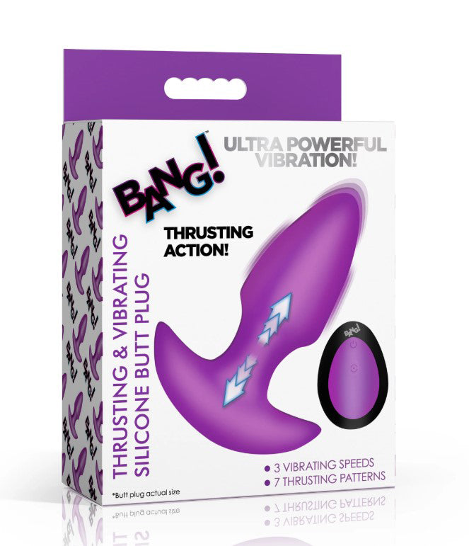 Bang Thrusting and Vibrating Silicone Butt Plug Purple packaging with details on thrusting and vibrating features.