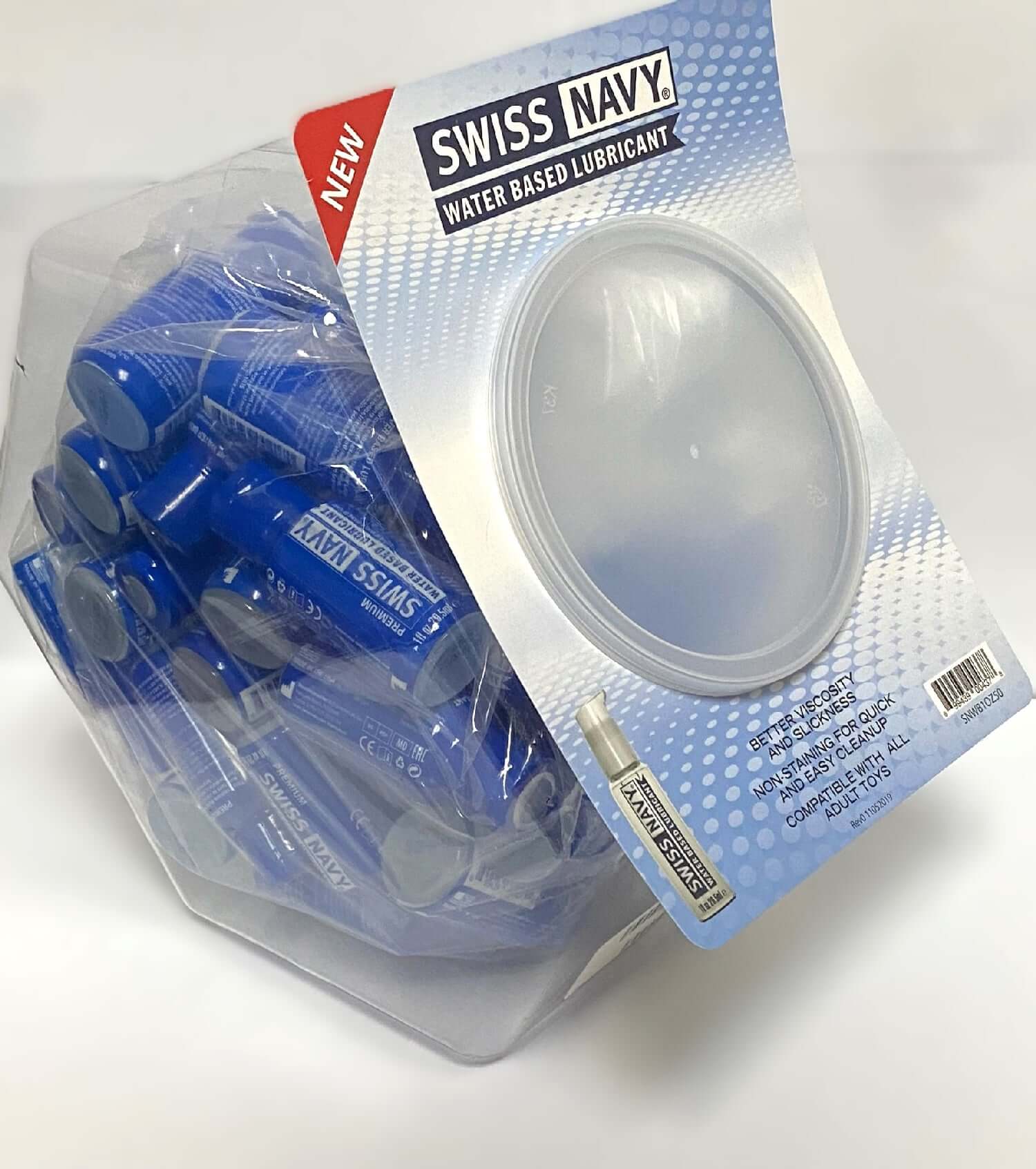 Swiss Navy Water-Based Lubricant 1 Oz 50 Pc Fishbowl display showing individual bottles in a clear fishbowl packaging.