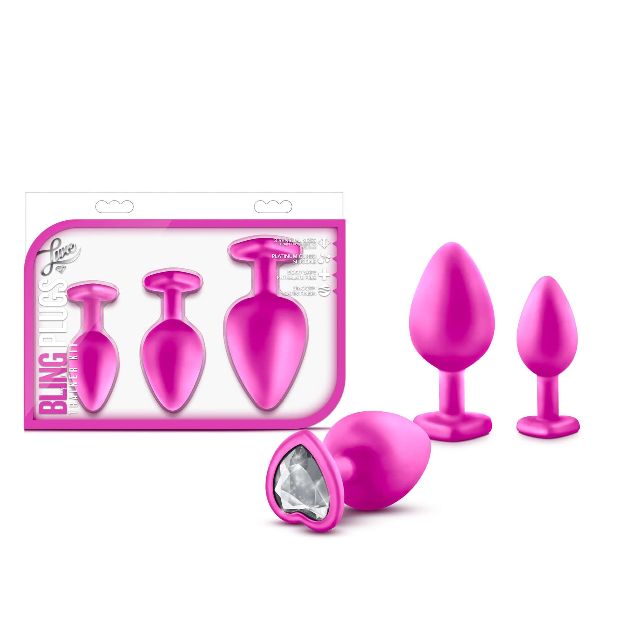 Luxe Bling Plugs Training Kit Pink With White Gems displayed with three colorful training plugs.