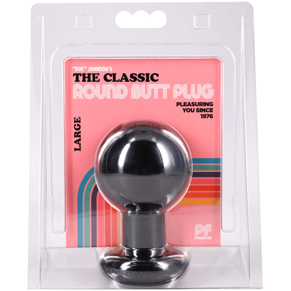 The Classic Round Butt Plug Large Black in packaging with smooth spherical design for comfort and stability.