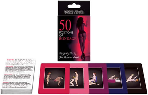 Image of 50 Positions of Bondage Adult Game card set featuring playful kink themes.