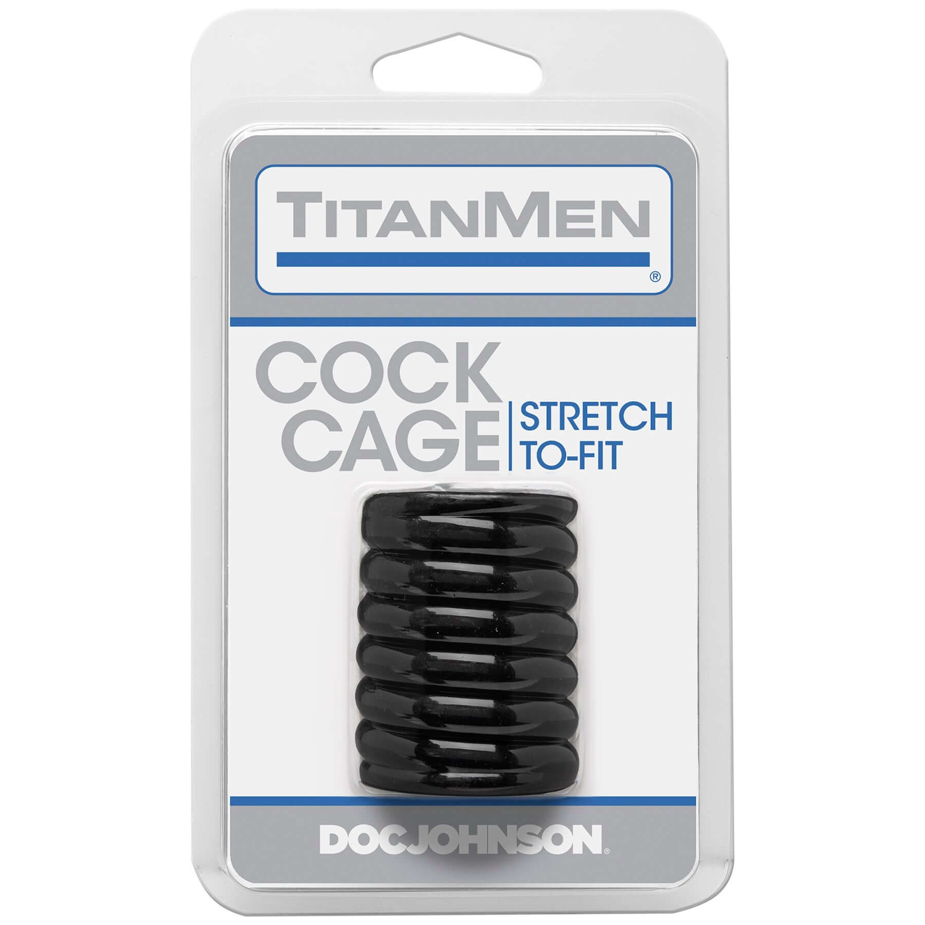 Titanmen Cock Cage Black packaged with a stretch-to-fit design for enhanced comfort and support.