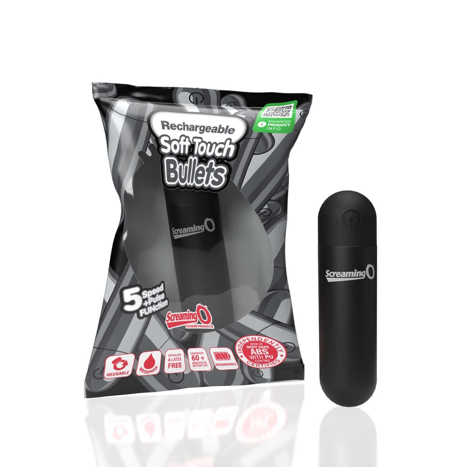 Soft Touch Rechargeable Bullet in black with packaging, featuring five speeds and pulse function, boasting a luxurious and waterproof design.