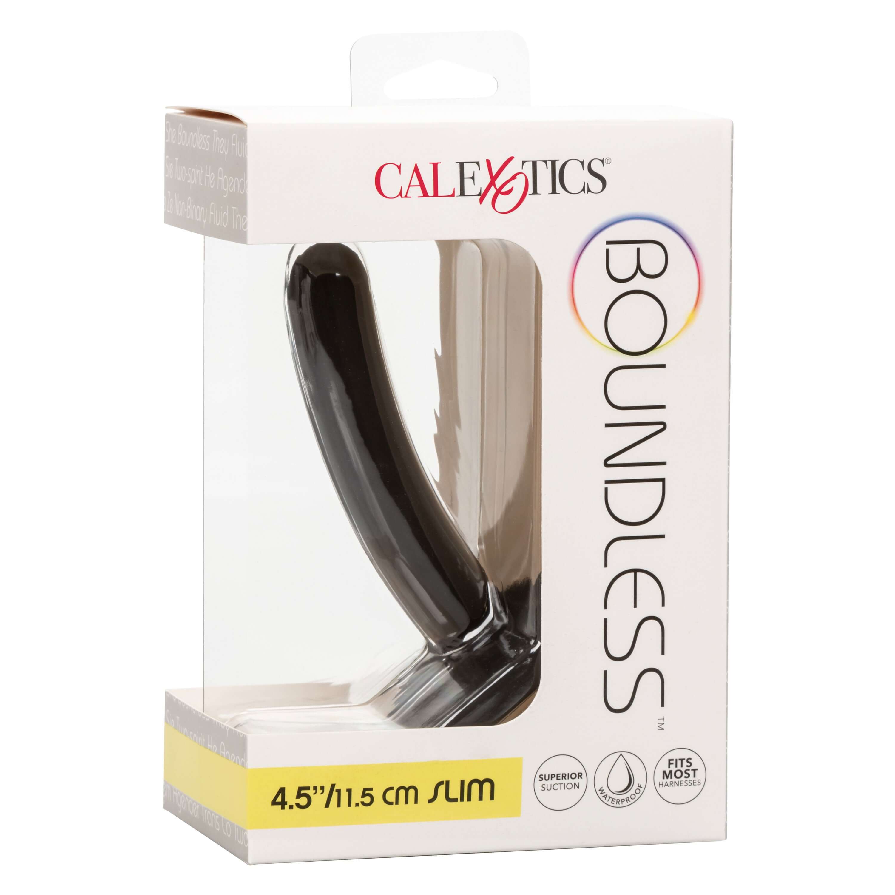 Boundless Slim Probe Dildo 4.5 Inch Black in packaging, designed for deep internal stimulation and comfort.