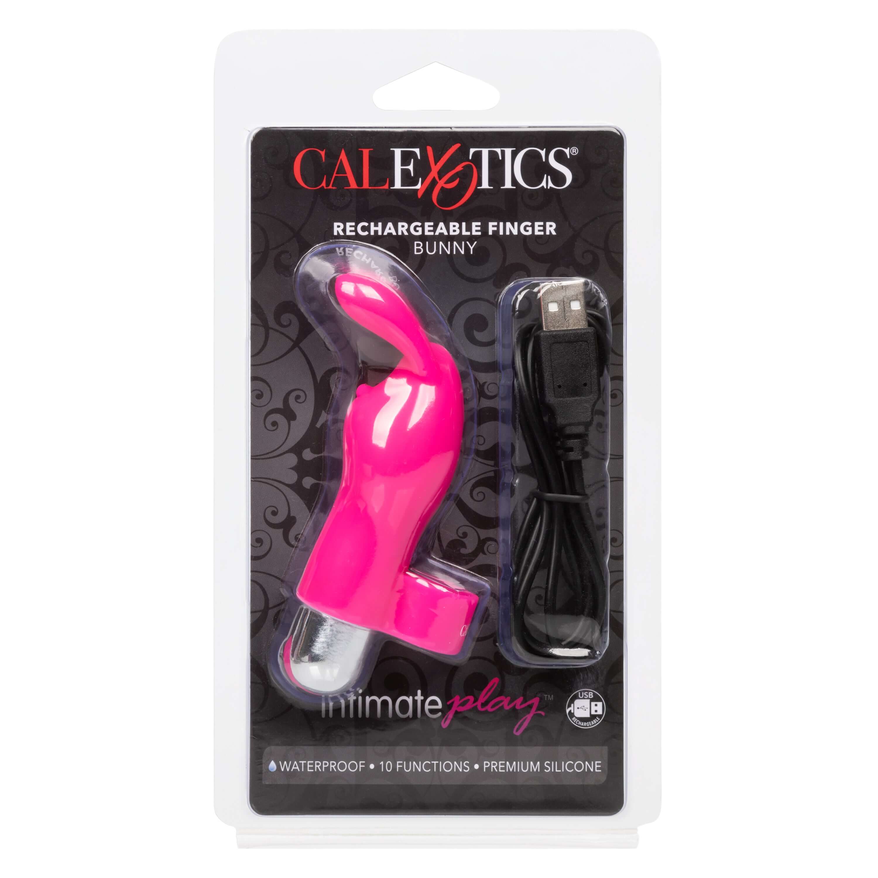 Intimate Play Rechargeable Finger Bunny in pink packaging with USB charger, featuring 10 functions and waterproof design.
