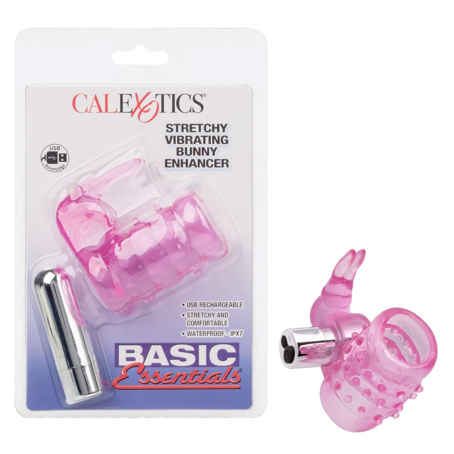 Basic Essentials Stretchy Vibrating Bunny Enhancer Pink in packaging with silver bullet vibe for added stimulation.