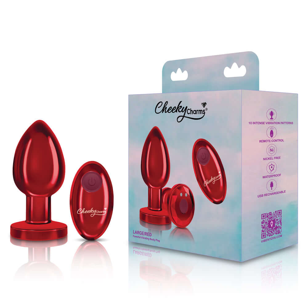 Cheeky Charms large red rechargeable vibrating metal butt plug with remote control and packaging.