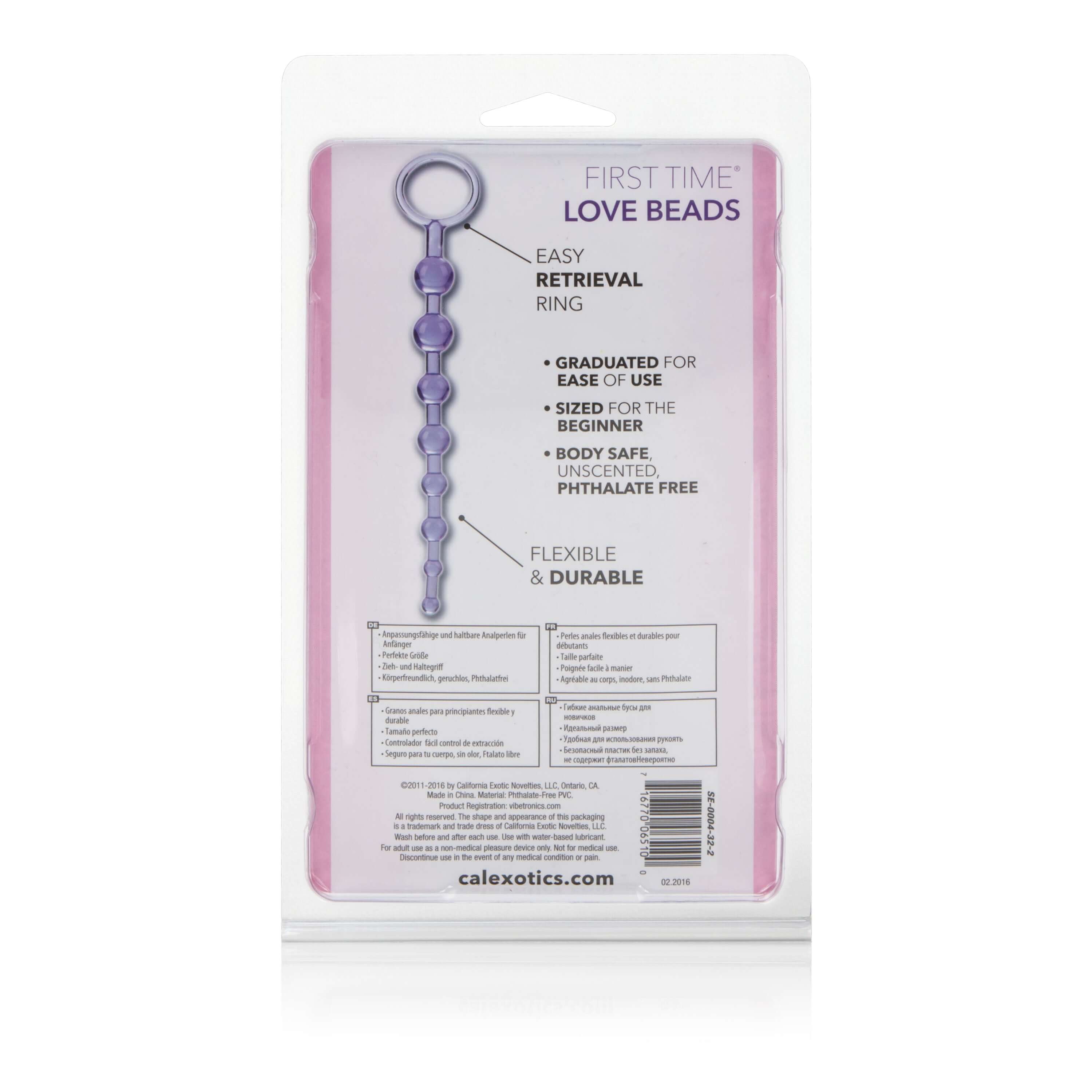 First Time Love Anal Beads Purple packaging featuring details on retrieval ring and beginner-friendly design.