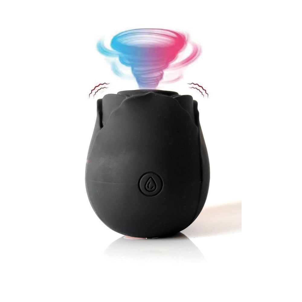 Closet Collection Black Sucking Rose Clitoral Vibrator with suction feature and elegant floral design.