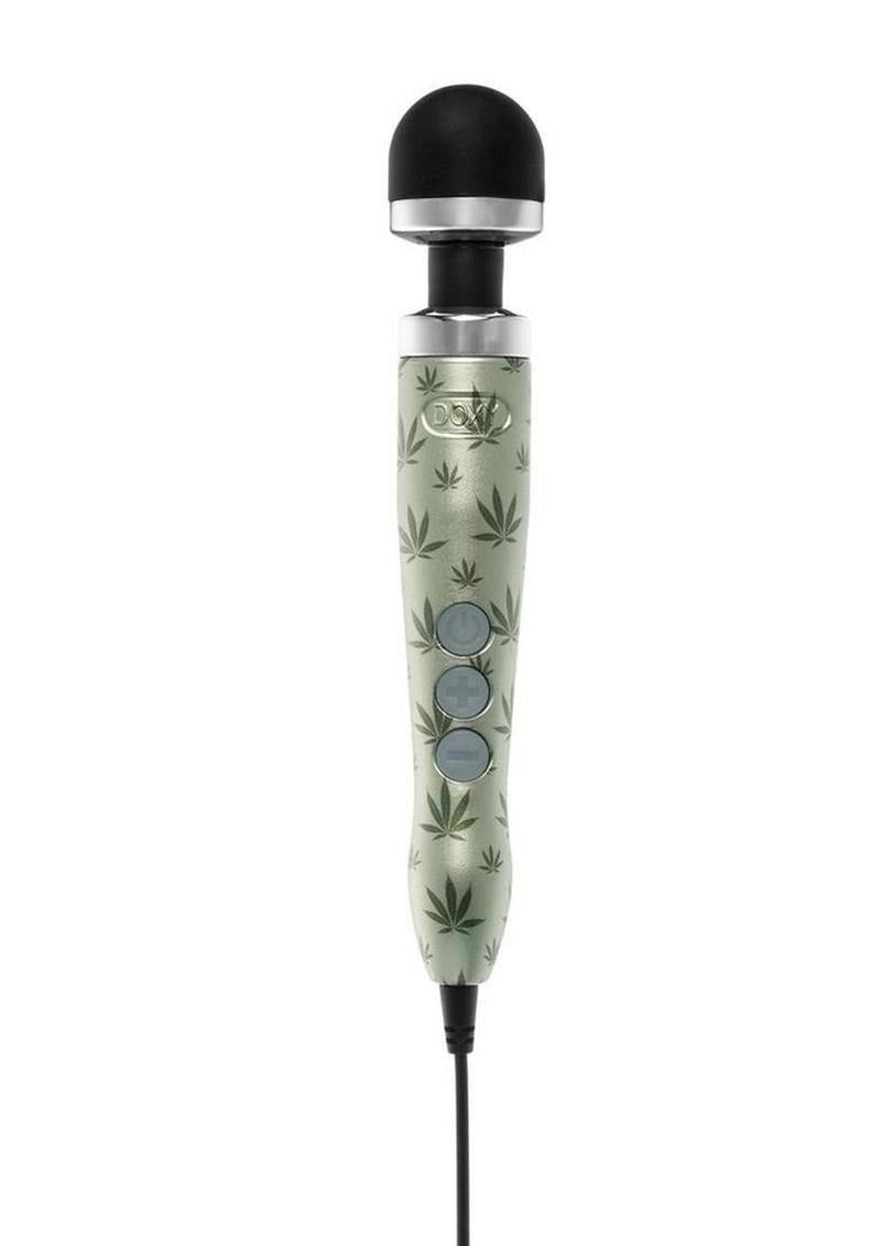 Doxy Die Cast 3 Wand Plug-In Wand Massager Cannabis Pattern with black silicone head and cannabis leaf design.