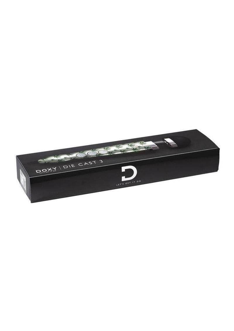 Doxy Die Cast 3 Wand Plug-In Wand Massager Cannabis Pattern packaging in a stylish box.