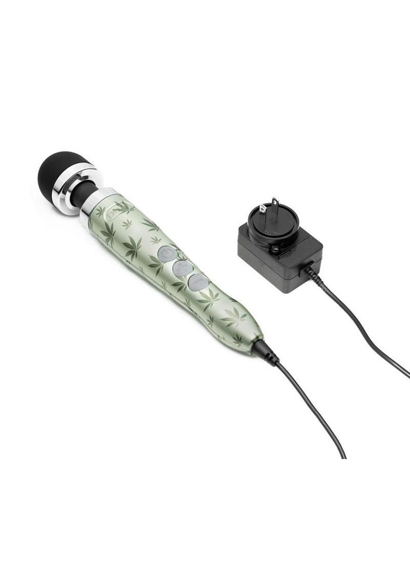 Doxy Die Cast 3 Wand Plug-In Wand Massager Cannabis Pattern with control unit and a smooth silicone head.