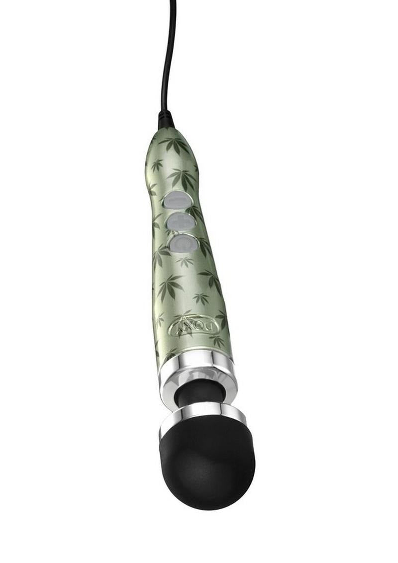 Doxy Die Cast 3 Wand Plug-In Wand Massager Cannabis Pattern with smooth silicone head and precise control buttons.
