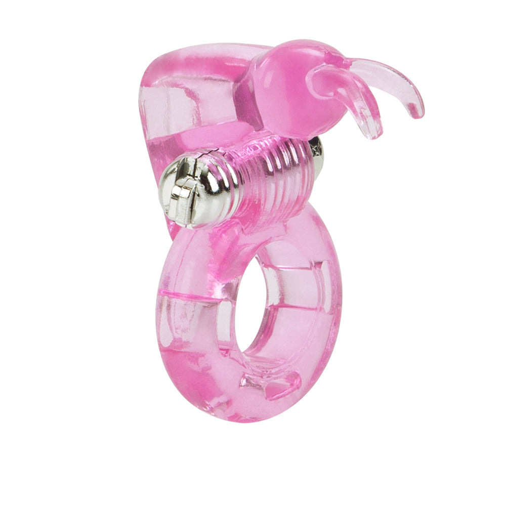 Basic Essentials Bunny Enhancer Vibrating Cock Ring Pink featuring a bunny-shaped micro-stimulator for added pleasure.