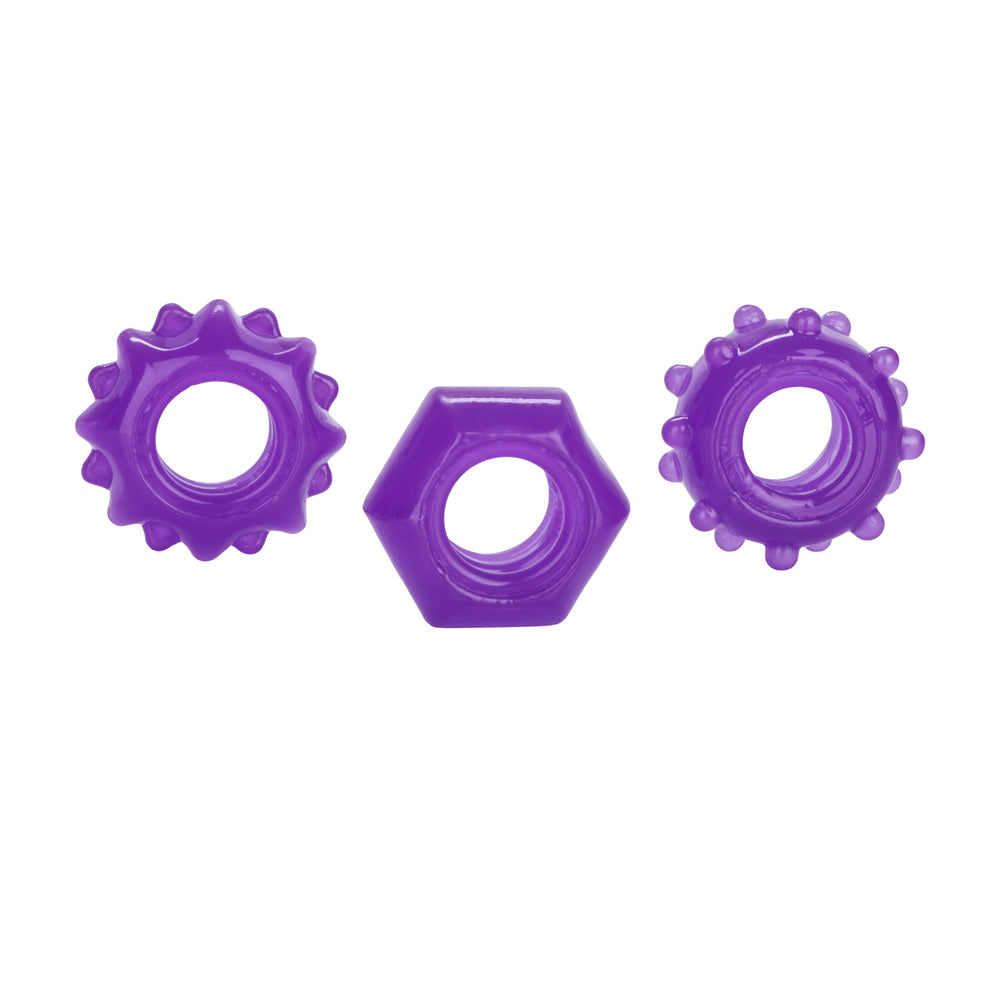 CalExotics Reversible Cock Ring Set Purple featuring three textured stretchy rings for enhanced pleasure.