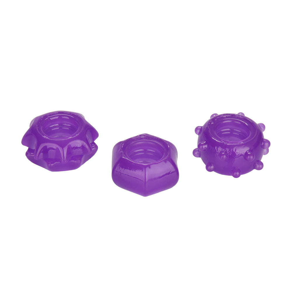 CalExotics Reversible Cock Ring Set Purple three-piece set of textured and durable rings for enhanced pleasure.