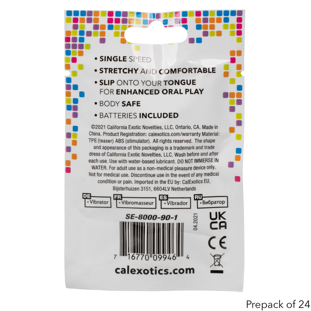 Foil Pack Vibrating Tongue Teaser Prepack Display 24 Count Pink back packaging details with features and instructions.
